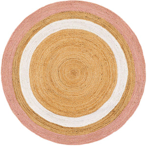 Pink White Natural 5' 1 x 5' 1 Braided Jute Round Rug