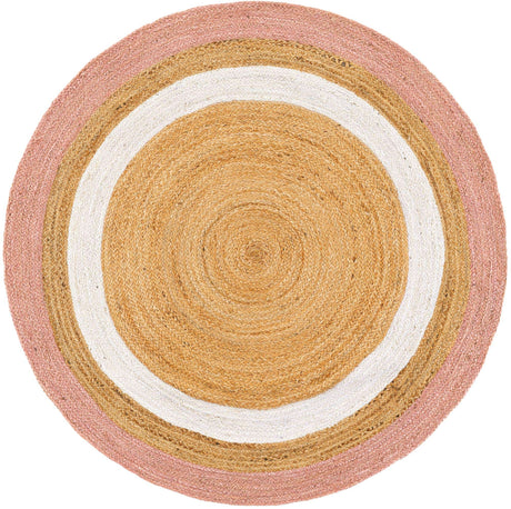 Pink White Natural 5' 1 x 5' 1 Braided Jute Round Rug