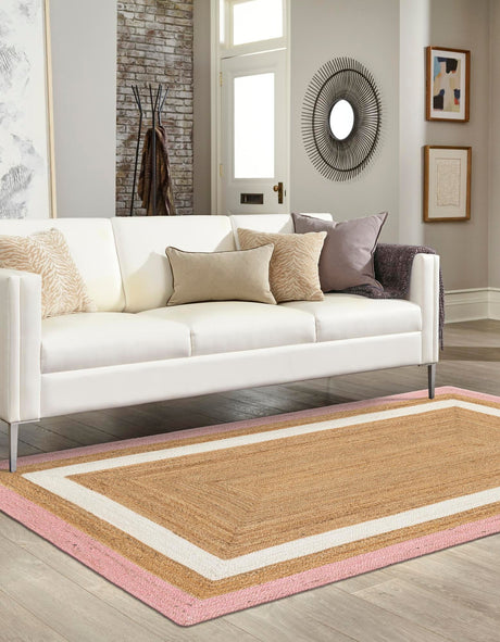 Pink White Natural 10' x 14' 1 Braided Jute Rectangle Area Rug 100% Jute Hand Braided Natural Eco-Friendly Boho Style Carpet for Living Rooms Dining Office Space Dorms for Sale at Rug Engine