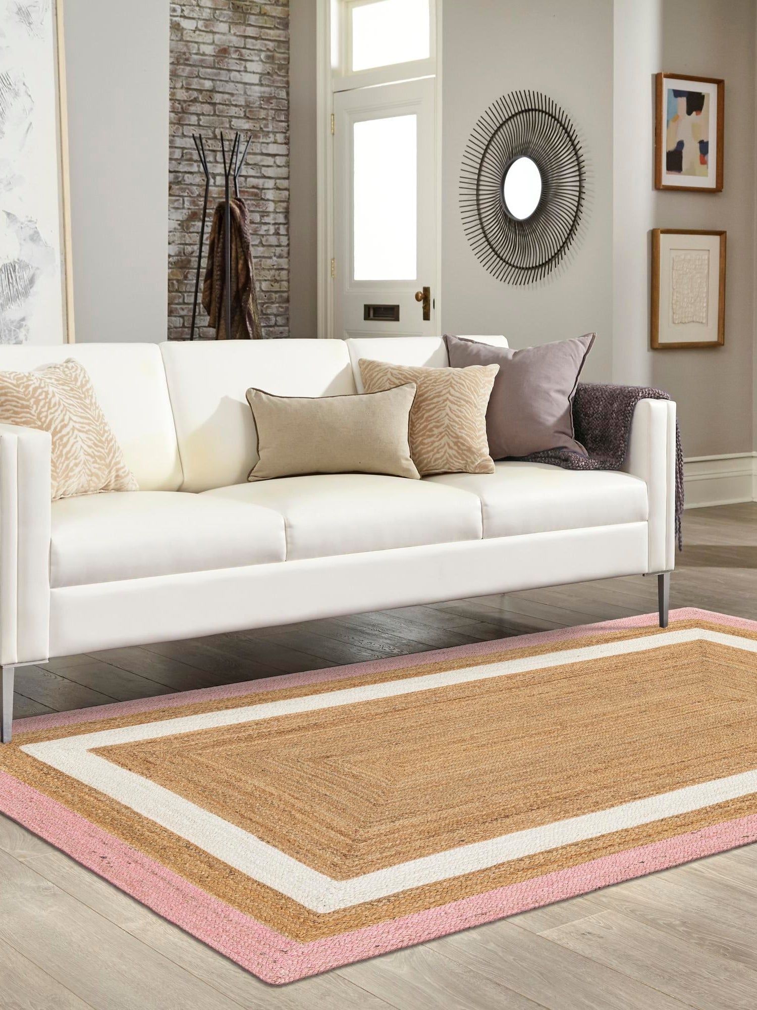 Pink White Natural 2' x 3' 1 Braided Jute Rectangle Area Rug 100% Jute Hand Braided Natural Eco-Friendly Boho Style Carpet for Living Rooms Dining Office Space Dorms for Sale at Rug Engine