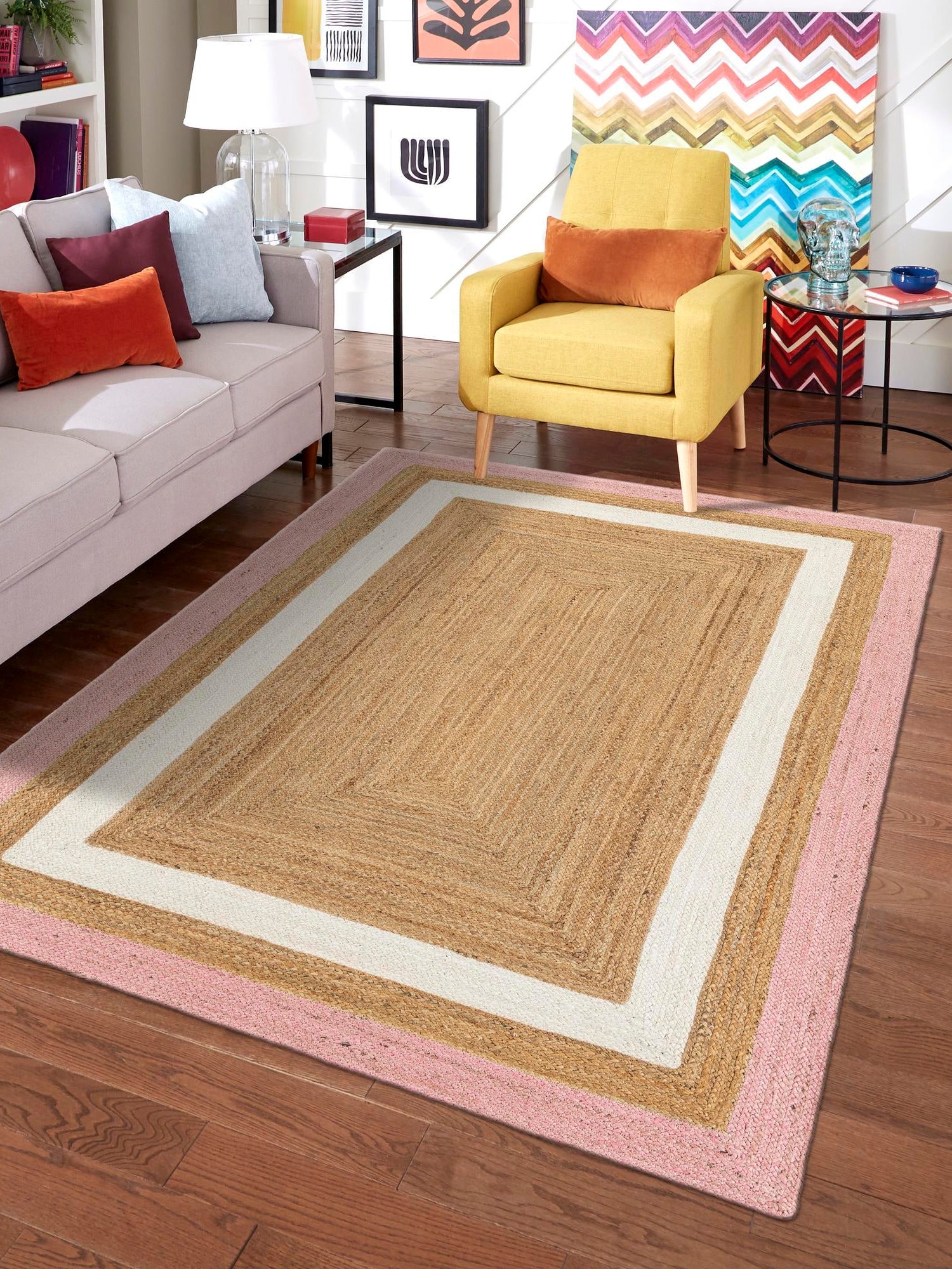 Pink White Natural 2' x 3' 1 Braided Jute Rectangle Area Rug 100% Jute Hand Braided Natural Eco-Friendly Boho Style Carpet for Living Rooms Dining Office Space Dorms for Sale at Rug Engine
