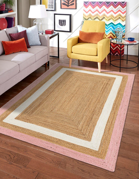 Pink White Natural 7' 10 x 10' Braided Jute Rectangle Area Rug 100% Jute Hand Braided Natural Eco-Friendly Boho Style Carpet for Living Rooms Dining Office Space Dorms for Sale at Rug Engine