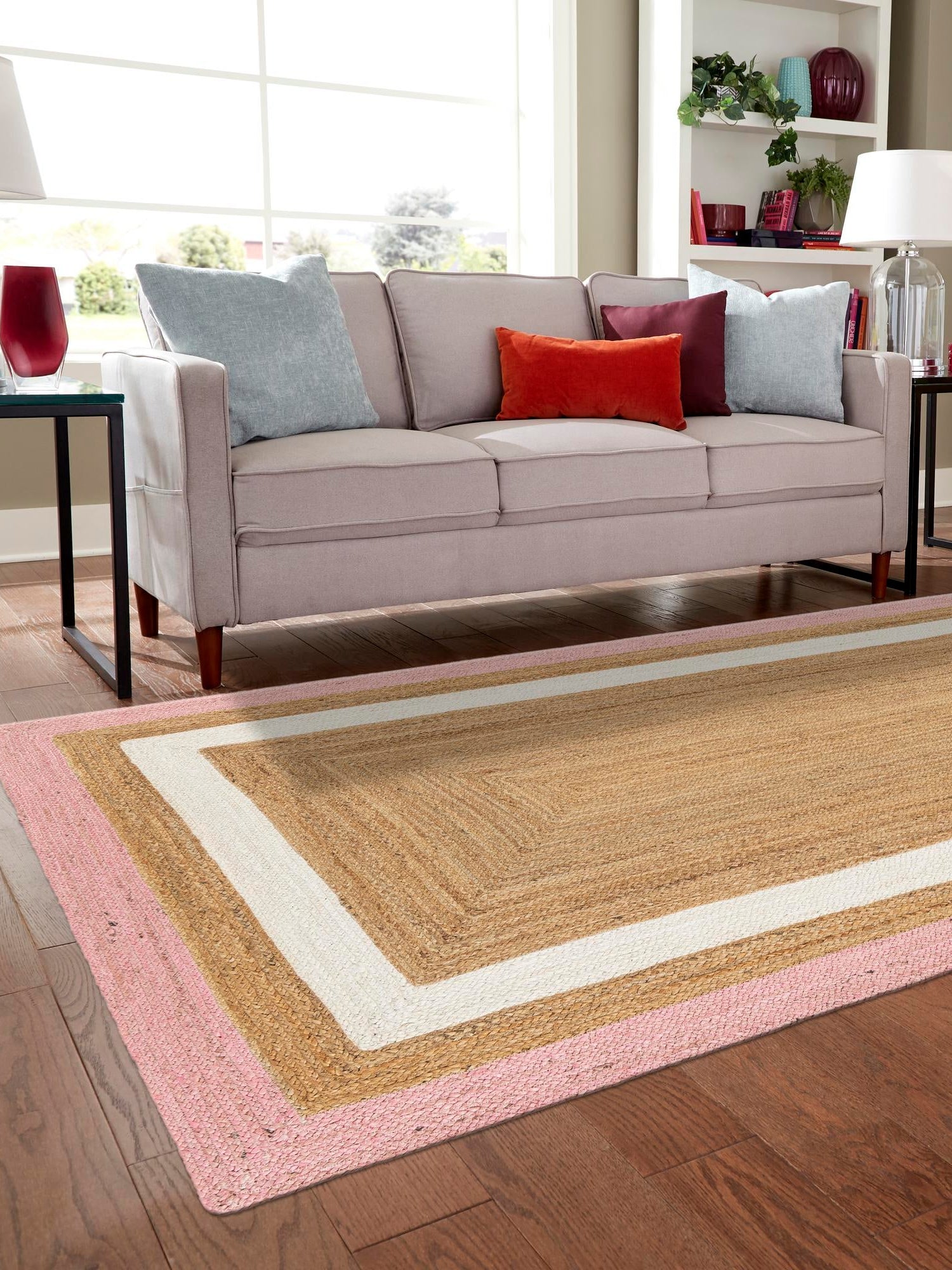 Pink White Natural 6' 1 x 9' Braided Jute Rectangle Area Rug 100% Jute Hand Braided Natural Eco-Friendly Boho Style Carpet for Living Rooms Dining Office Space Dorms for Sale at Rug Engine