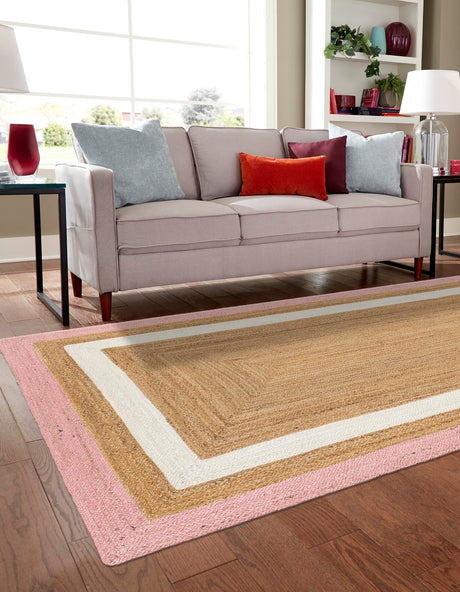 Pink White Natural 2' x 3' 1 Braided Jute Rectangle Area Rug 100% Jute Hand Braided Natural Eco-Friendly Boho Style Carpet for Living Rooms Dining Office Space Dorms for Sale at Rug Engine