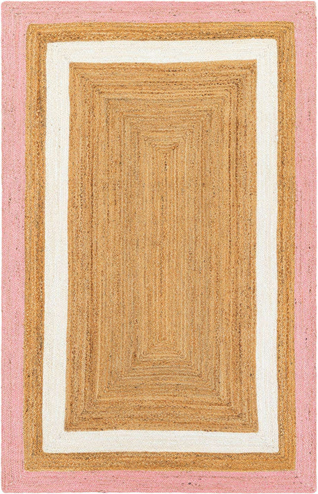 Pink White Natural 5' 1 x 8' Braided Jute Rectangle Rug
