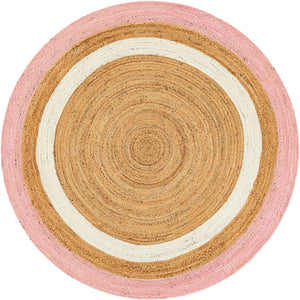 Pink White Natural 6' 1 x 6' 1 Braided Jute Round Rug