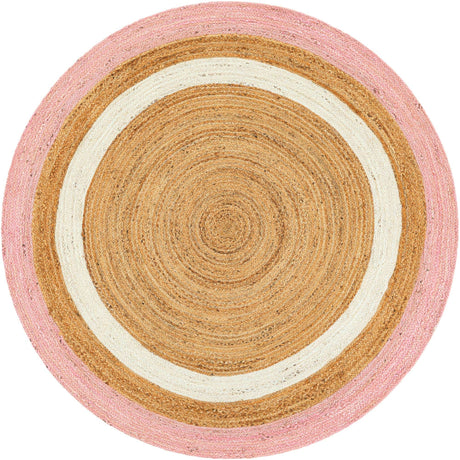 Pink White Natural 6' 1 x 6' 1 Braided Jute Round Rug