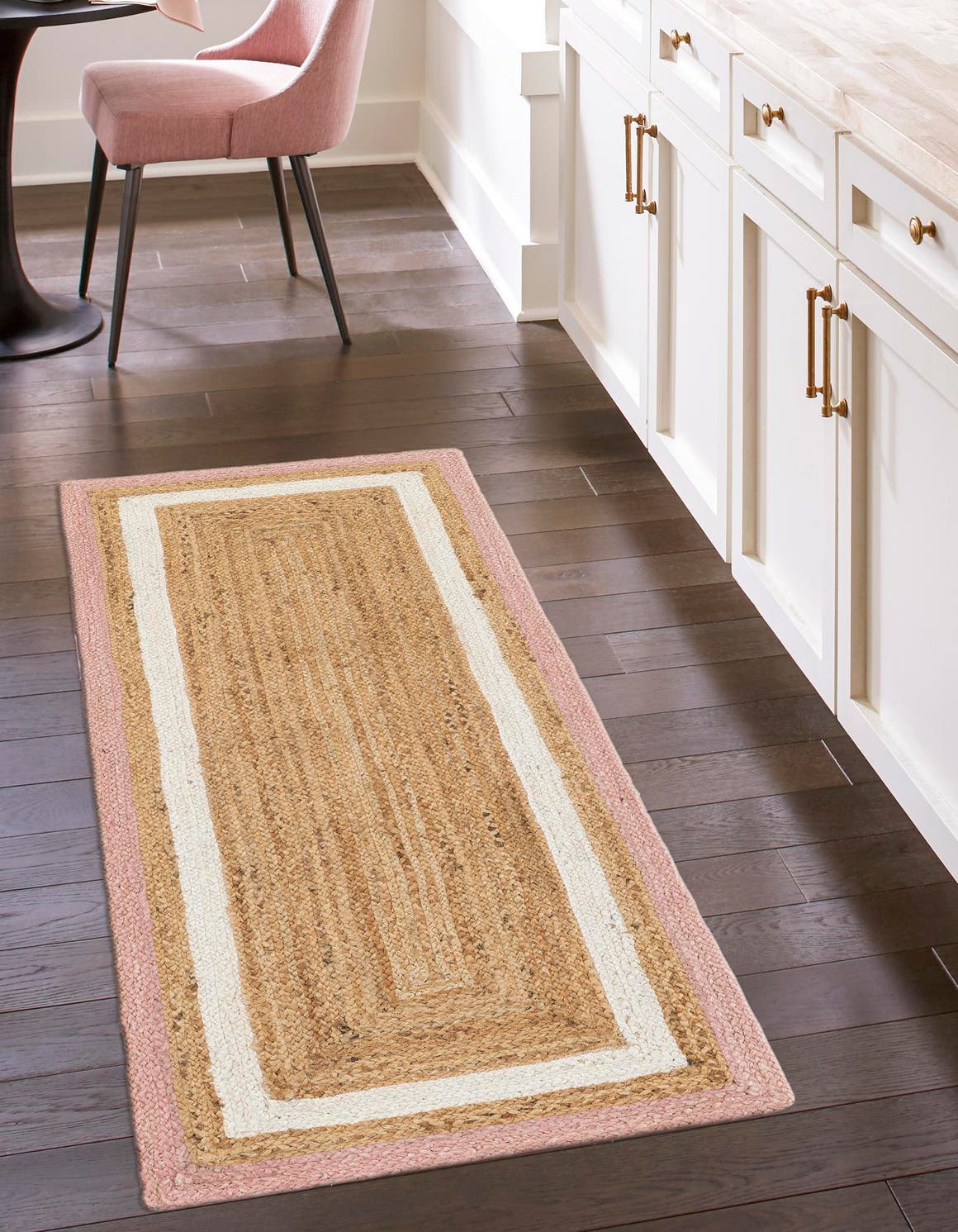 Pink White Natural 2' x 6' 1 Braided Jute Runner Area Rug 100% Jute Hand Braided Natural Eco-Friendly Boho Style Carpet for Living Rooms Dining Office Space Dorms for Sale at Rug Engine