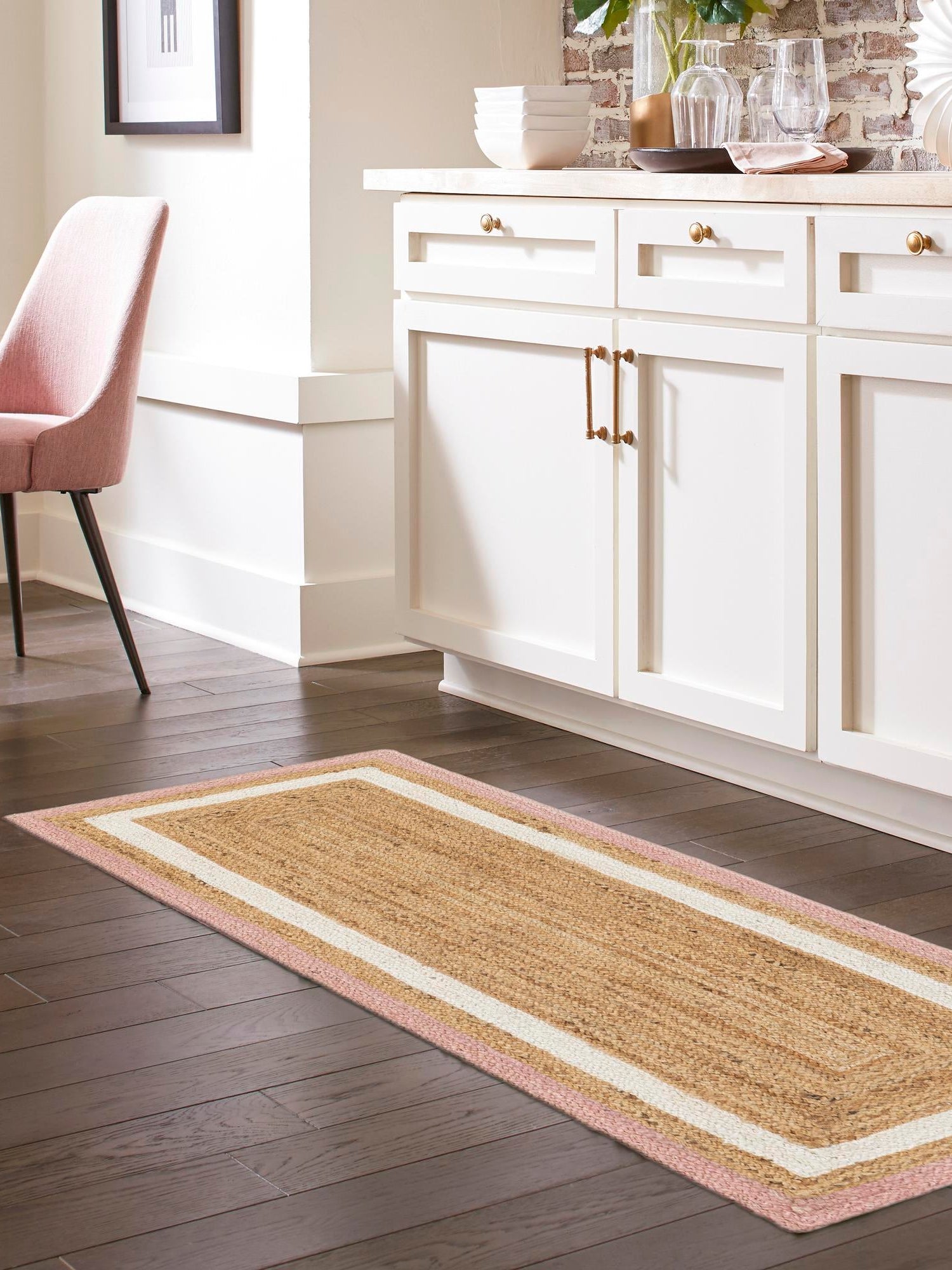 Pink White Natural 2' x 6' 1 Braided Jute Runner Area Rug 100% Jute Hand Braided Natural Eco-Friendly Boho Style Carpet for Living Rooms Dining Office Space Dorms for Sale at Rug Engine