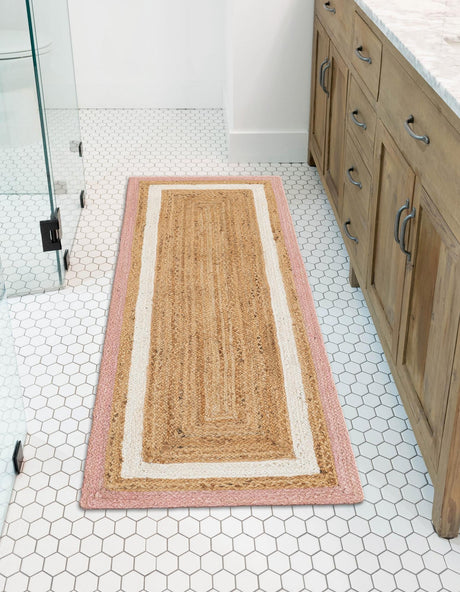 Pink White Natural 2' x 6' 1 Braided Jute Runner Area Rug 100% Jute Hand Braided Natural Eco-Friendly Boho Style Carpet for Living Rooms Dining Office Space Dorms for Sale at Rug Engine