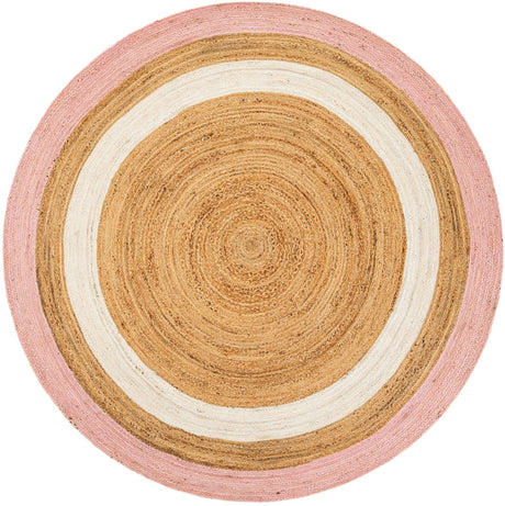 Pink White Natural 8' x 8' Braided Jute Round Rug