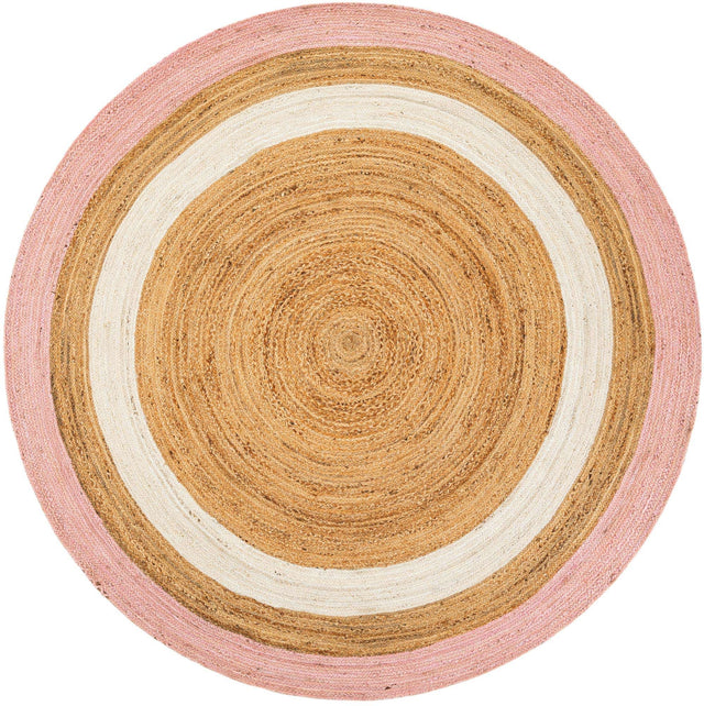 Pink White Natural 8' x 8' Braided Jute Round Rug