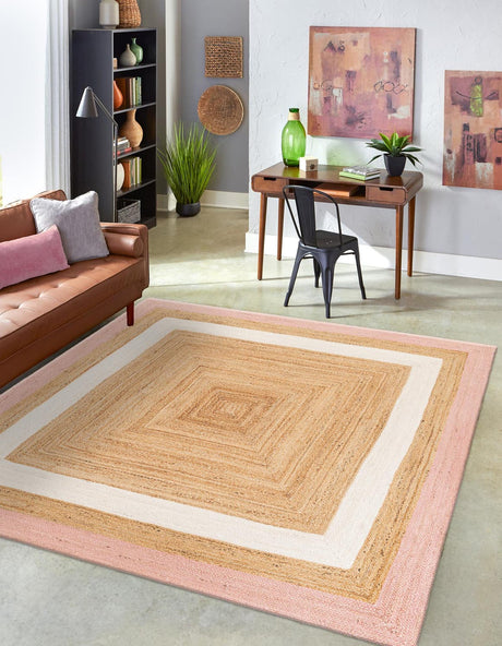 Pink White Natural 8' x 8' Braided Jute Square Rug
