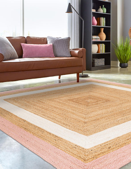 Pink White Natural 7' 10 x 7' 10 Braided Jute Square Area Rug 100% Jute Hand Braided Natural Eco-Friendly Boho Style Carpet for Living Rooms Dining Office Space Dorms for Sale at Rug Engine