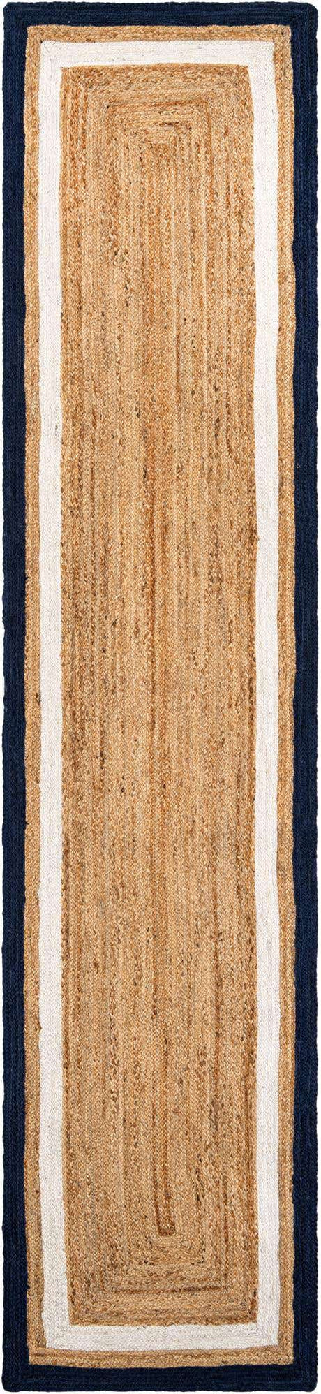 Navy Blue White Natural 3' x 12' Braided Jute Runner Rug