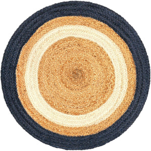 Navy Blue White Natural 2' x 2' Braided Jute Round Rug