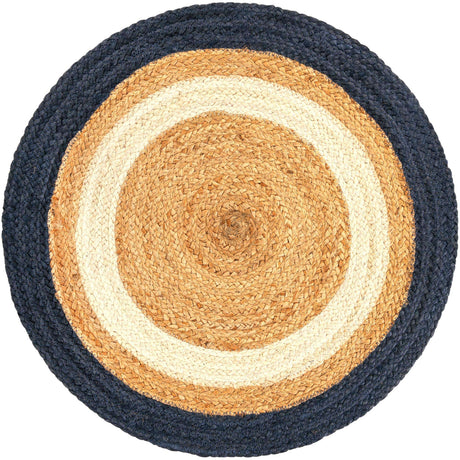 Navy Blue White Natural 2' x 2' Braided Jute Round Rug