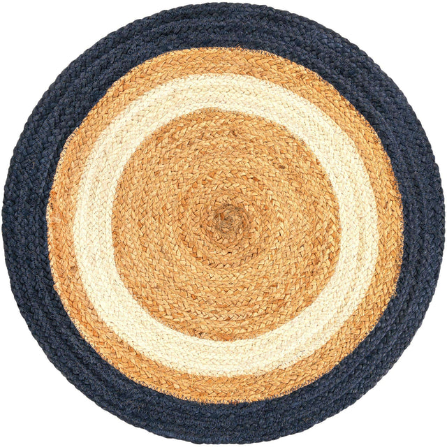 Navy Blue White Natural 2' x 2' Braided Jute Round Rug