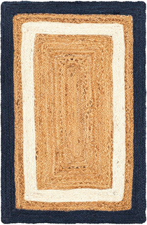 Navy Blue White Natural 2' x 3' 1 Braided Jute Rectangle Rug