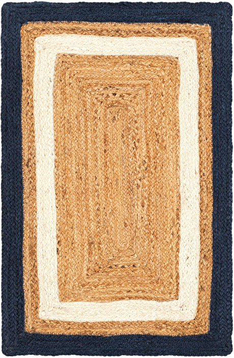 Navy Blue White Natural 2' x 3' 1 Braided Jute Rectangle Rug