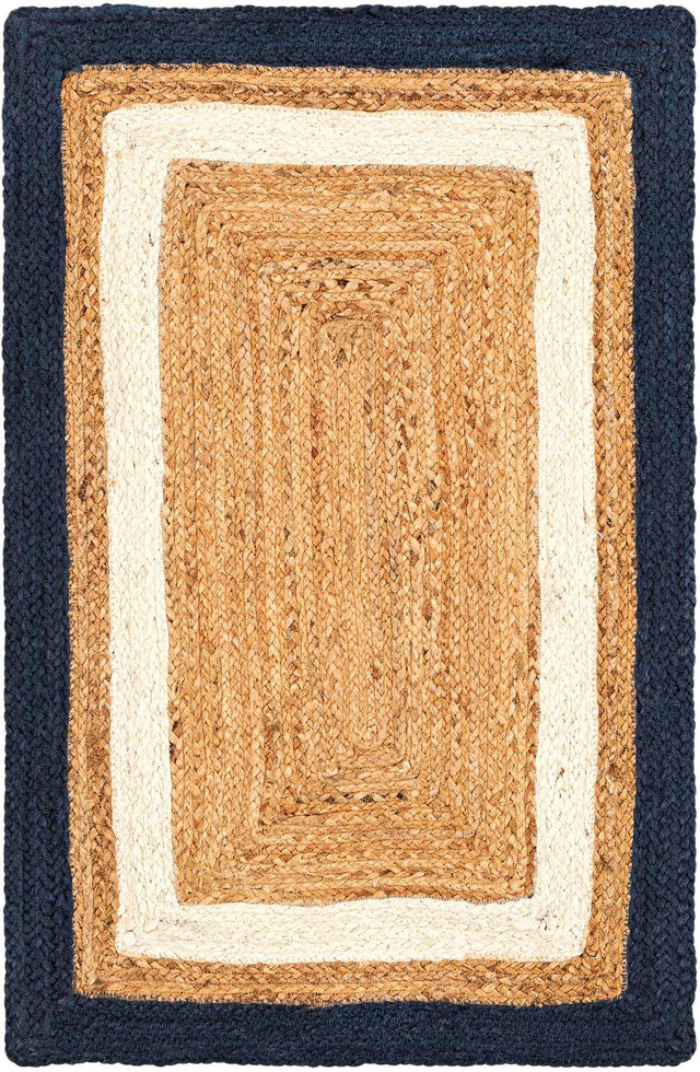 Navy Blue White Natural 2' x 3' 1 Braided Jute Rectangle Rug