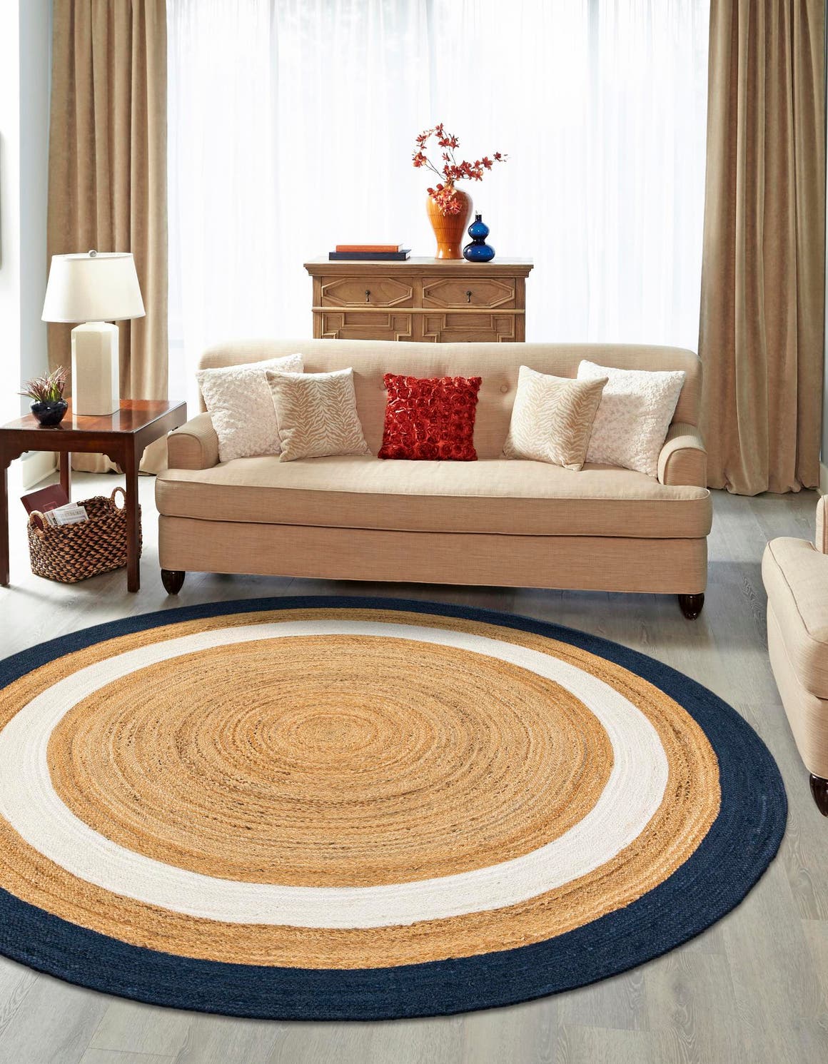 Navy Blue White Natural 7' 10 x 7' 10 Braided Jute Round Area Rug 100% Jute Hand Braided Natural Eco-Friendly Boho Style Carpet for Living Rooms Dining Office Space Dorms for Sale at Rug Engine