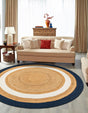 Navy Blue White Natural 6' 1 x 6' 1 Braided Jute Round Rug