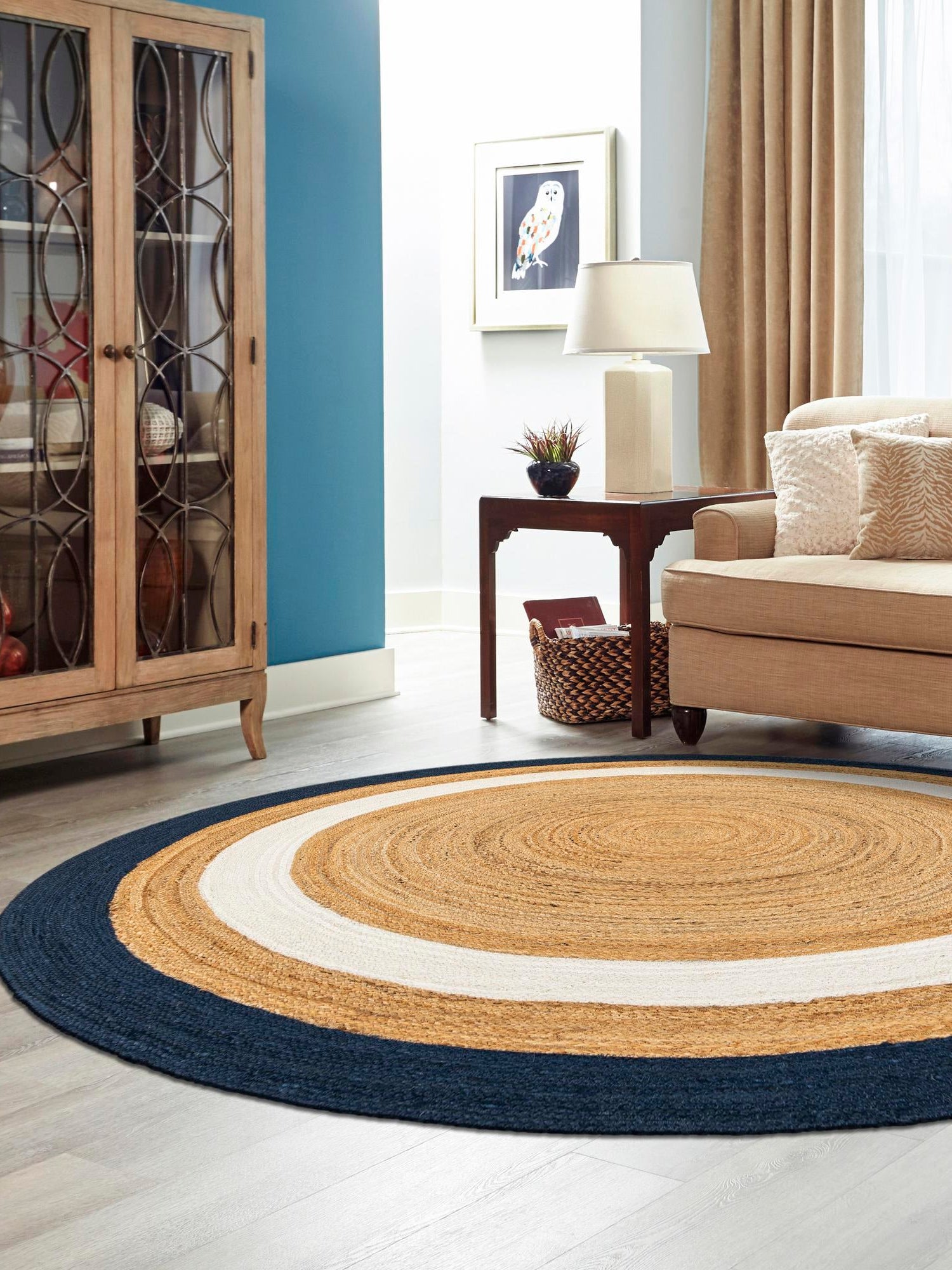 Navy Blue White Natural 7' 10 x 7' 10 Braided Jute Round Area Rug 100% Jute Hand Braided Natural Eco-Friendly Boho Style Carpet for Living Rooms Dining Office Space Dorms for Sale at Rug Engine