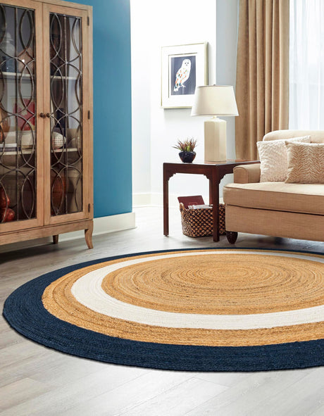 Navy Blue White Natural 7' 10 x 7' 10 Braided Jute Round Area Rug 100% Jute Hand Braided Natural Eco-Friendly Boho Style Carpet for Living Rooms Dining Office Space Dorms for Sale at Rug Engine