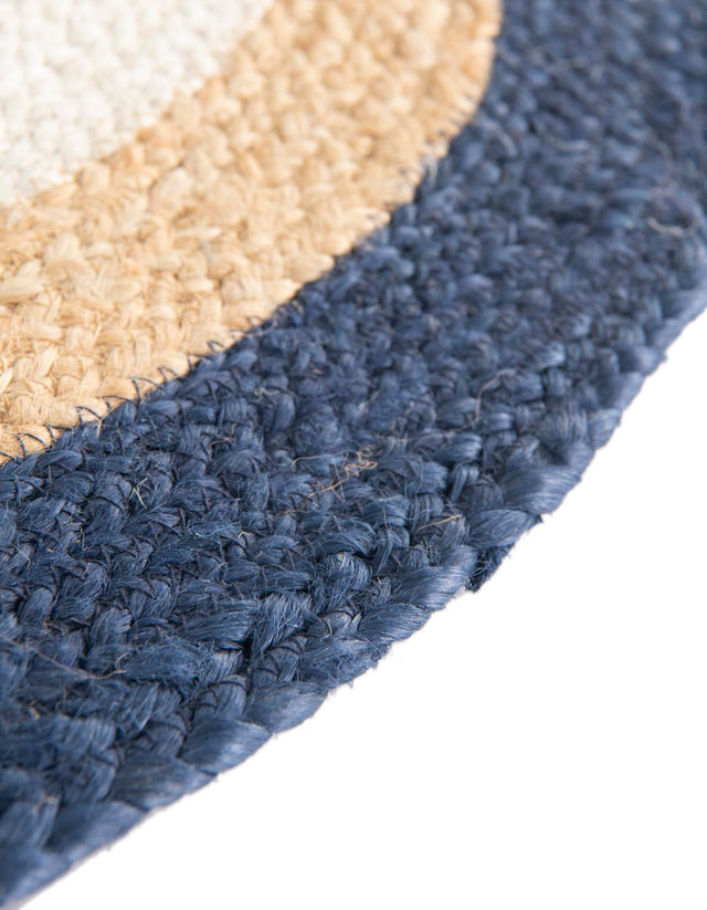 Navy Blue White Natural 5' 1 x 5' 1 Braided Jute Round Rug