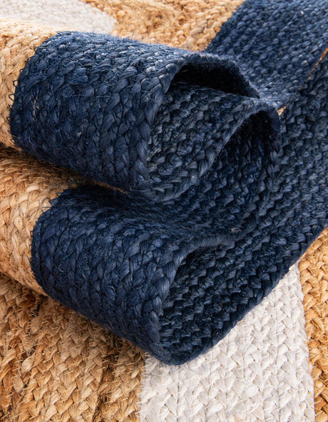 Navy Blue White Natural 4' 1 x 4' 1 Braided Jute Round Rug