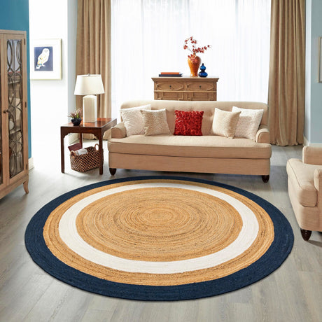Navy Blue White Natural 4' 1 x 4' 1 Braided Jute Round Area Rug 100% Jute Hand Braided Natural Eco-Friendly Boho Style Carpet for Living Rooms Dining Office Space Dorms for Sale at Rug Engine