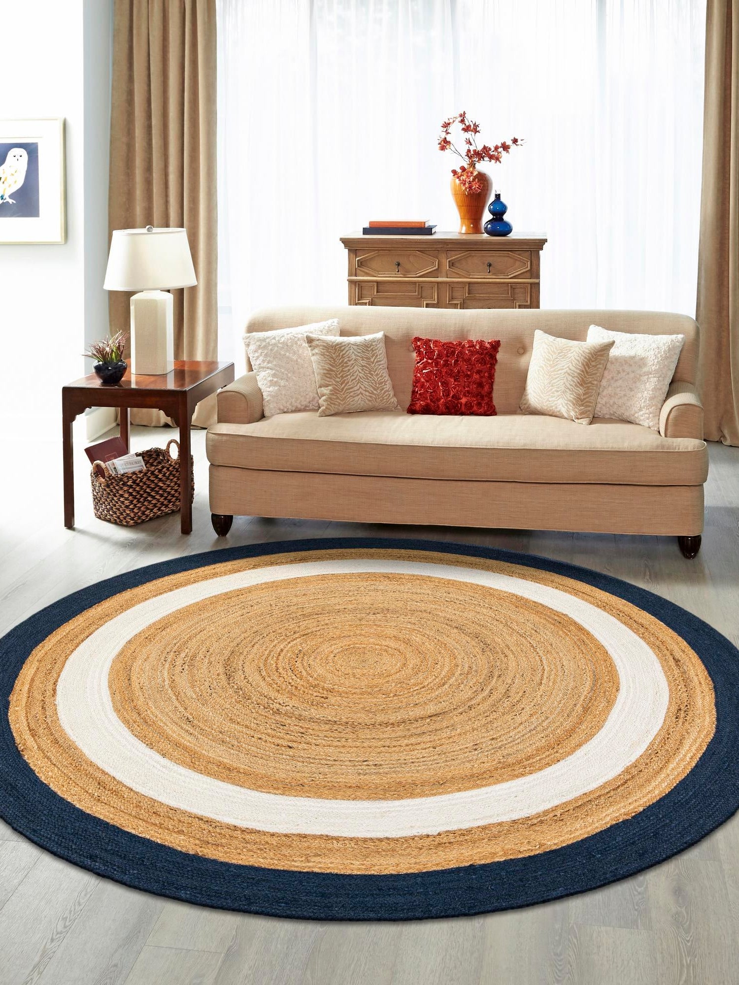 Navy Blue White Natural 2' x 2' Braided Jute Round Area Rug 100% Jute Hand Braided Natural Eco-Friendly Boho Style Carpet for Living Rooms Dining Office Space Dorms for Sale at Rug Engine