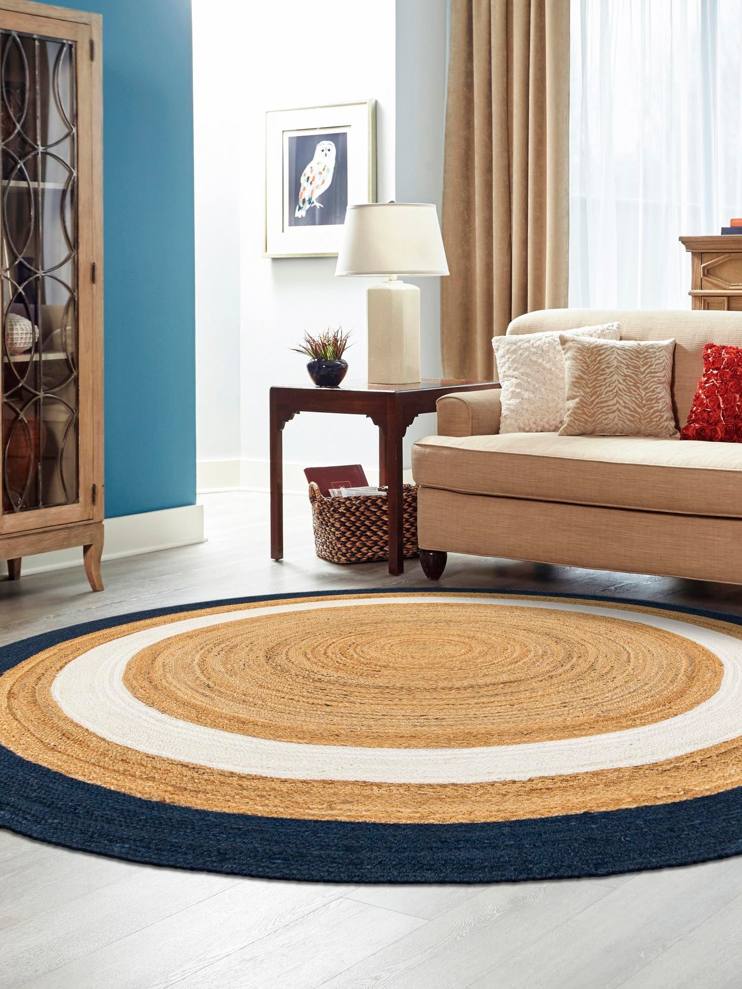 Navy Blue White Natural 2' x 2' Braided Jute Round Area Rug 100% Jute Hand Braided Natural Eco-Friendly Boho Style Carpet for Living Rooms Dining Office Space Dorms for Sale at Rug Engine