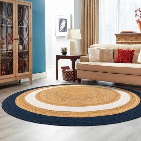 Navy Blue White Natural 2' x 2' Braided Jute Round Area Rug 100% Jute Hand Braided Natural Eco-Friendly Boho Style Carpet for Living Rooms Dining Office Space Dorms for Sale at Rug Engine