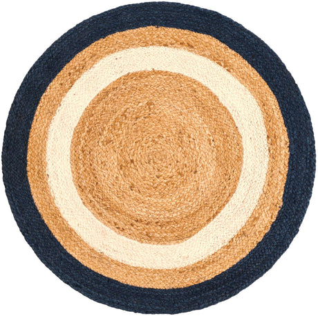 Navy Blue White Natural 3' 1 x 3' 1 Braided Jute Round Rug