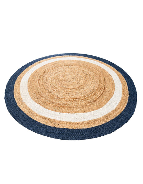 Navy Blue White Natural 4' 1 x 4' 1 Braided Jute Round Area Rug 100% Jute Hand Braided Natural Eco-Friendly Boho Style Carpet for Living Rooms Dining Office Space Dorms for Sale at Rug Engine