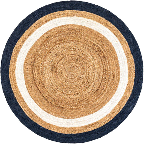 Navy Blue White Natural 4' 1 x 4' 1 Braided Jute Round Rug