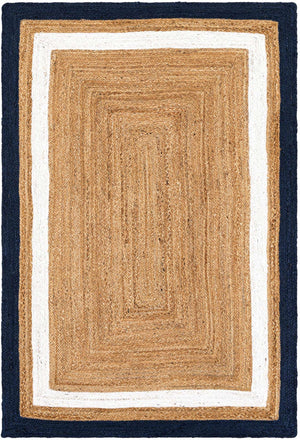 Navy Blue White Natural 4' 1 x 6' 1 Braided Jute Rectangle Rug