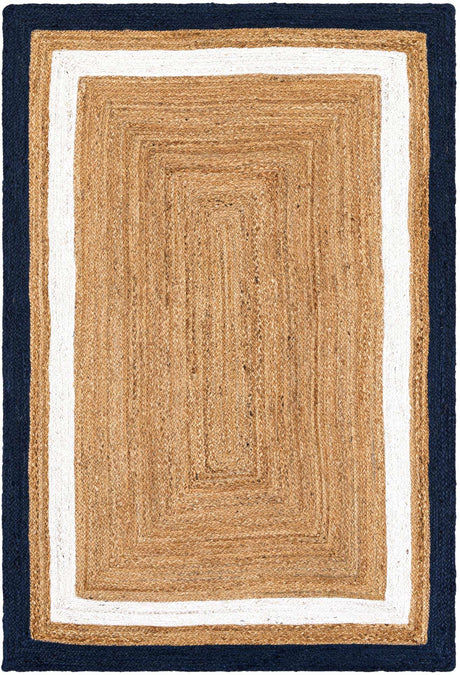 Navy Blue White Natural 4' 1 x 6' 1 Braided Jute Rectangle Rug
