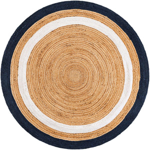 Navy Blue White Natural 5' 1 x 5' 1 Braided Jute Round Rug