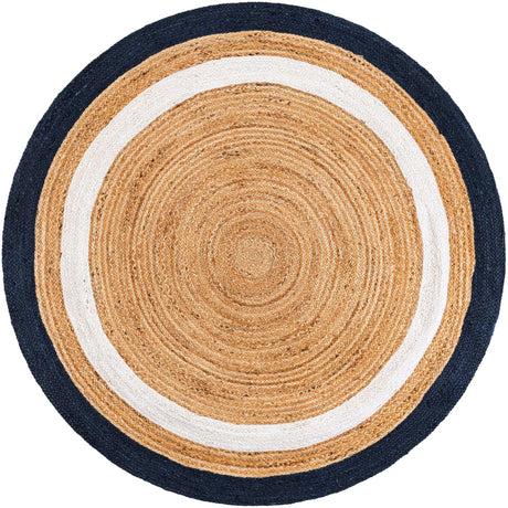 Navy Blue White Natural 5' 1 x 5' 1 Braided Jute Round Rug