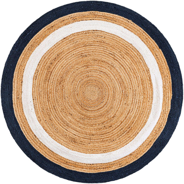 Navy Blue White Natural 5' 1 x 5' 1 Braided Jute Round Rug