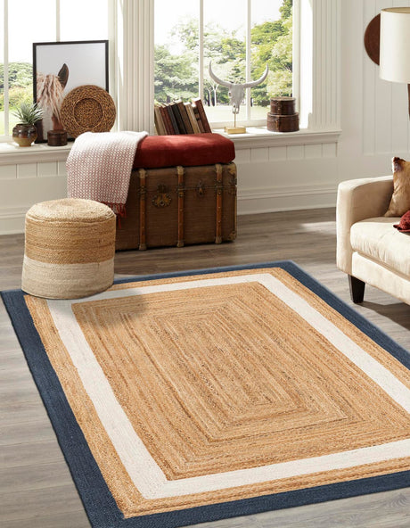 Navy Blue White Natural 9' x 12' Braided Jute Rectangle Rug