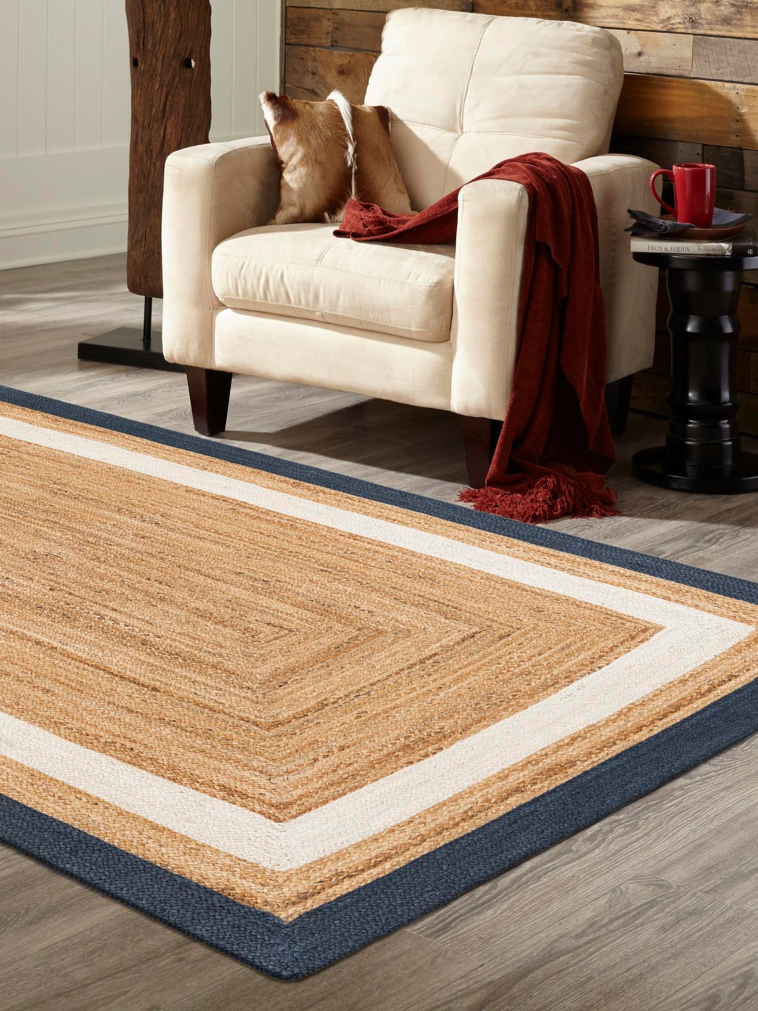 Navy Blue White Natural 2' x 3' 1 Braided Jute Rectangle Area Rug 100% Jute Hand Braided Natural Eco-Friendly Boho Style Carpet for Living Rooms Dining Office Space Dorms for Sale at Rug Engine