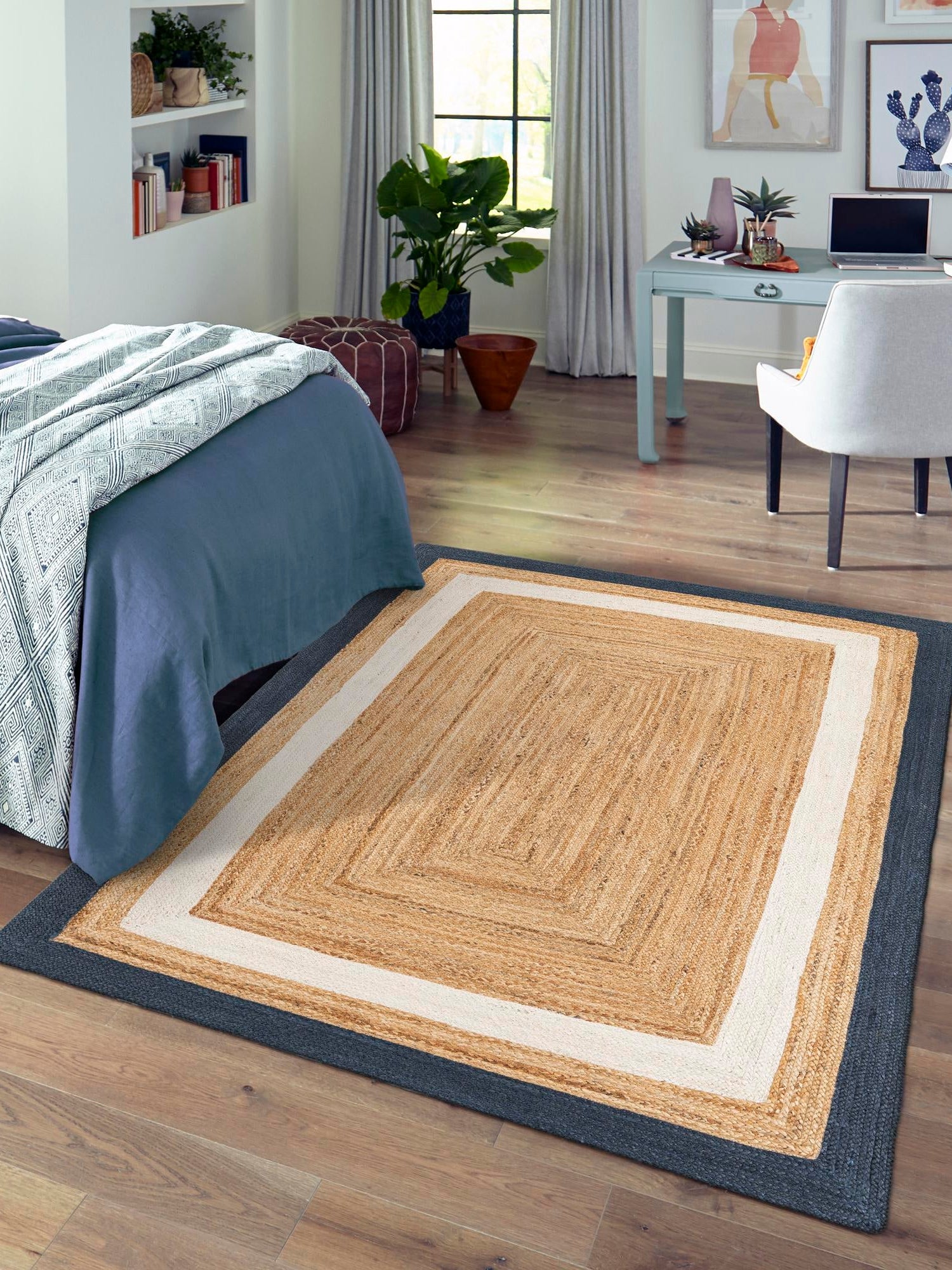 Navy Blue White Natural 7' 10 x 10' Braided Jute Rectangle Area Rug 100% Jute Hand Braided Natural Eco-Friendly Boho Style Carpet for Living Rooms Dining Office Space Dorms for Sale at Rug Engine