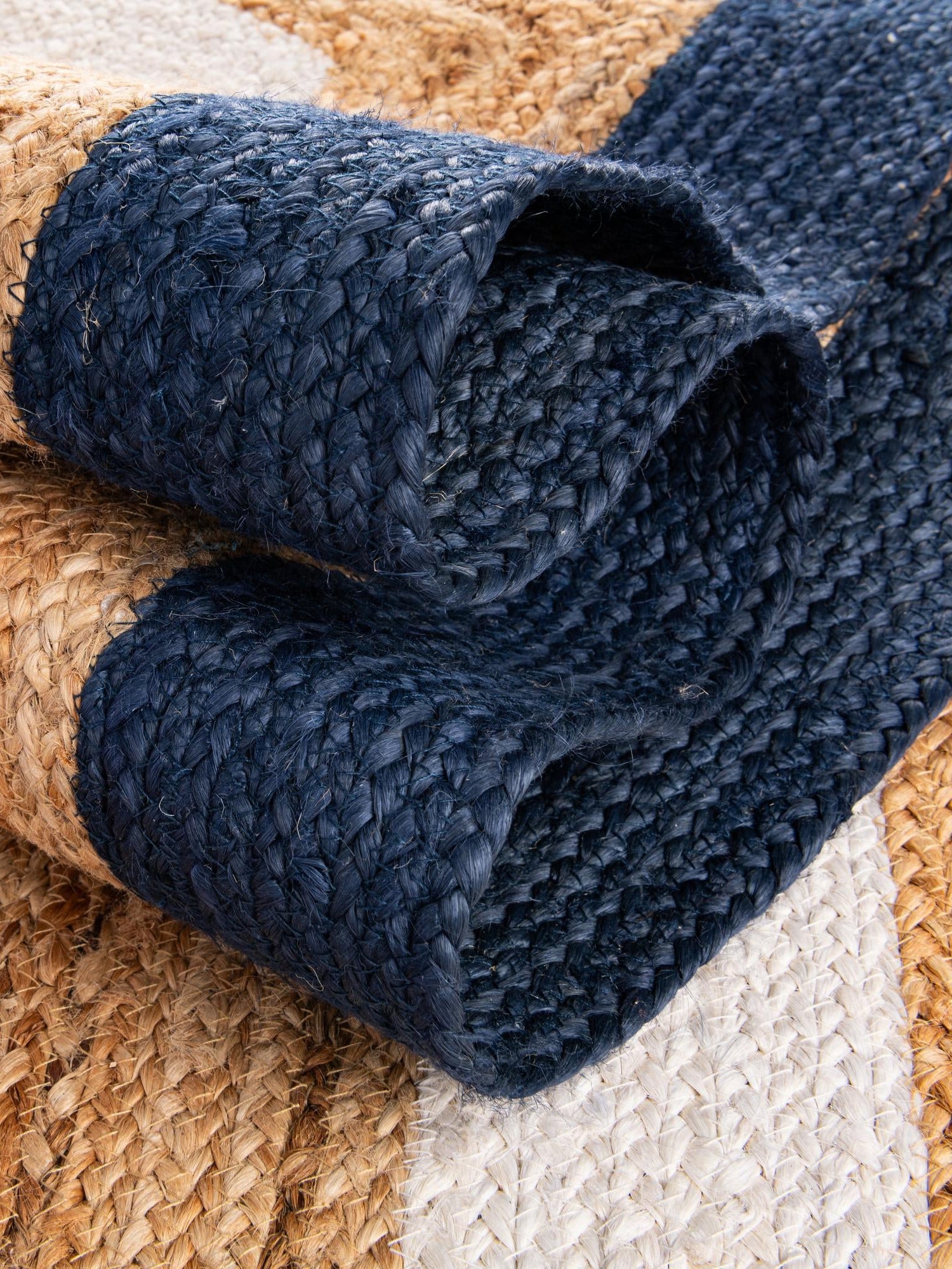 Navy Blue White Natural 7' 10 x 10' Braided Jute Rectangle Area Rug 100% Jute Hand Braided Natural Eco-Friendly Boho Style Carpet for Living Rooms Dining Office Space Dorms for Sale at Rug Engine