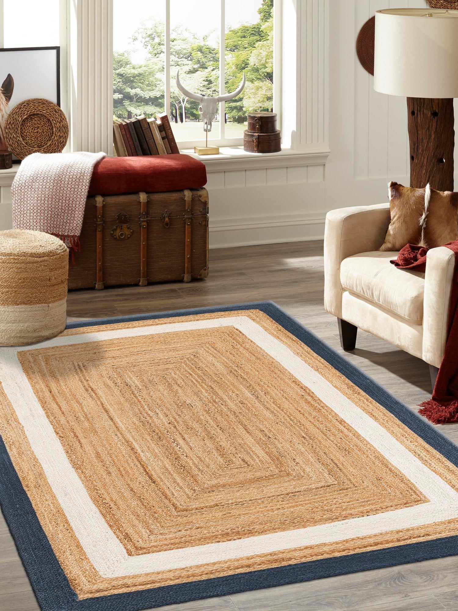 Navy Blue White Natural 7' 10 x 10' Braided Jute Rectangle Area Rug 100% Jute Hand Braided Natural Eco-Friendly Boho Style Carpet for Living Rooms Dining Office Space Dorms for Sale at Rug Engine