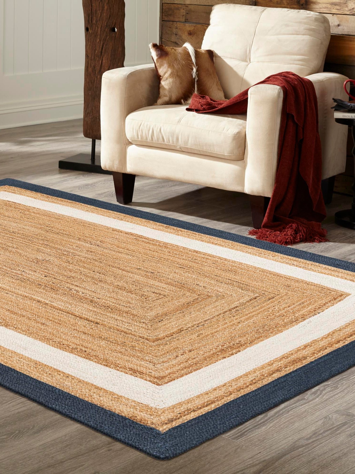 Navy Blue White Natural 7' 10 x 10' Braided Jute Rectangle Area Rug 100% Jute Hand Braided Natural Eco-Friendly Boho Style Carpet for Living Rooms Dining Office Space Dorms for Sale at Rug Engine