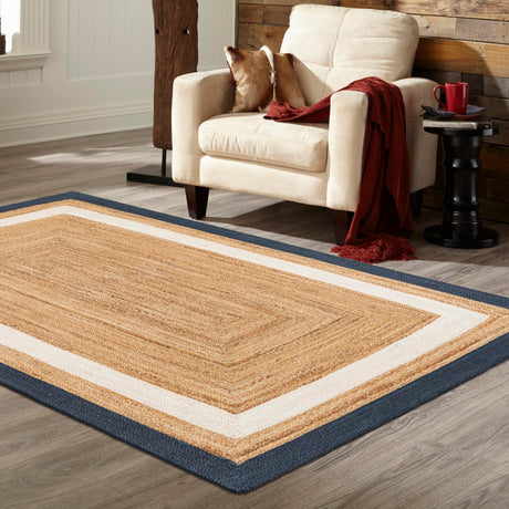 Navy Blue White Natural 7' 10 x 10' Braided Jute Rectangle Area Rug 100% Jute Hand Braided Natural Eco-Friendly Boho Style Carpet for Living Rooms Dining Office Space Dorms for Sale at Rug Engine